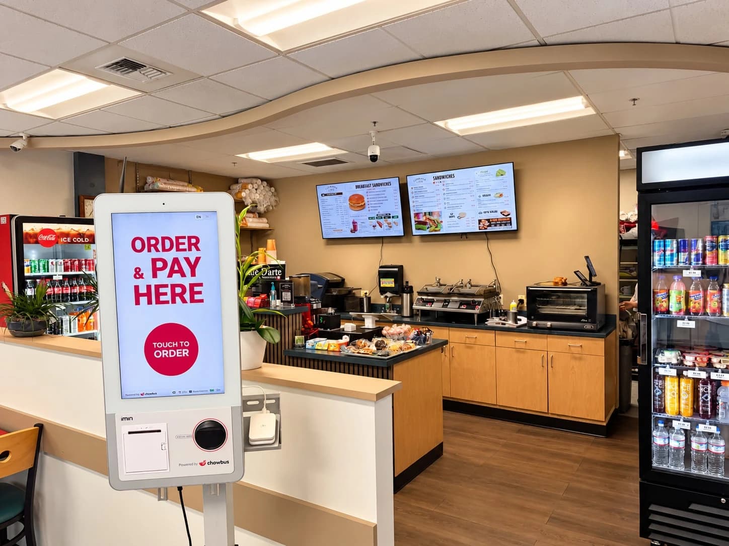 Inside Commons Cafe, showing the order and pay kiosk, service counter, menu boards, and drinks fridge