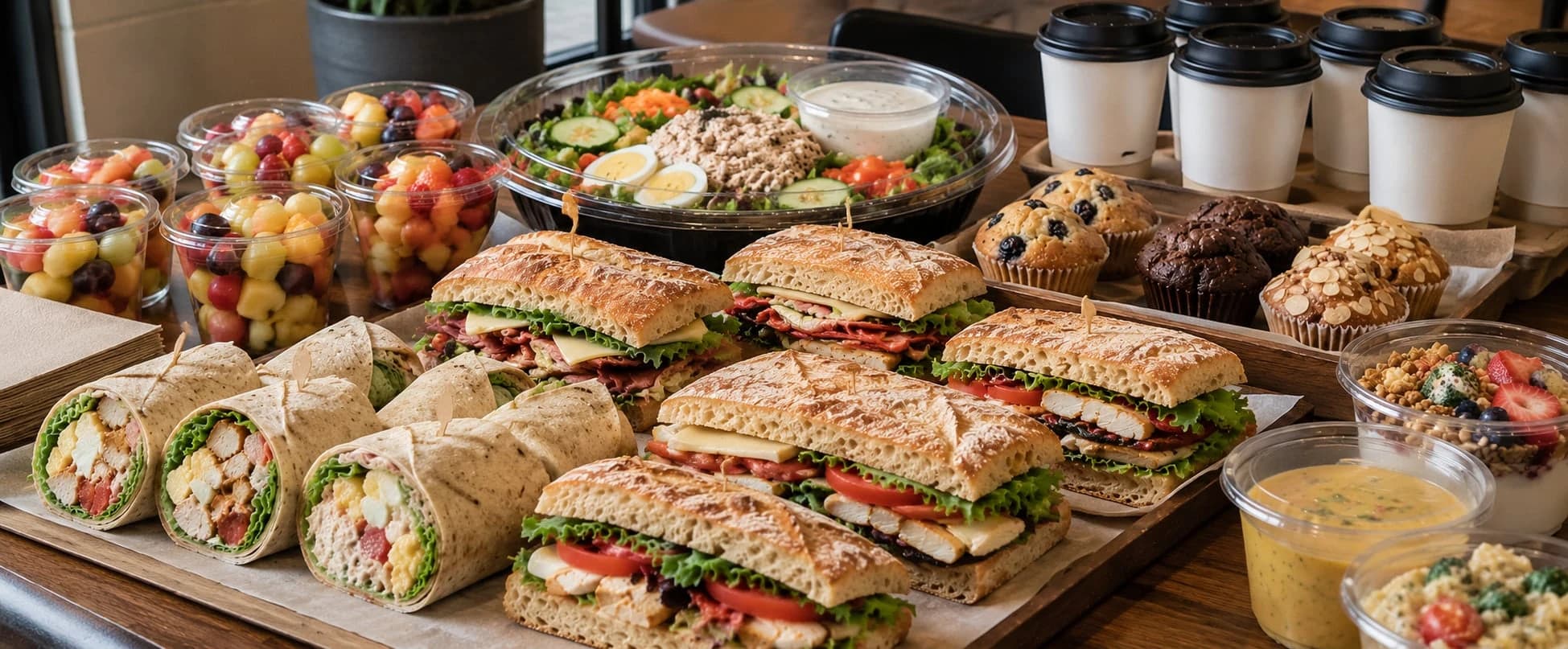 Sandwiches, wraps, salad, fruit, and coffee catering from Commons Cafe