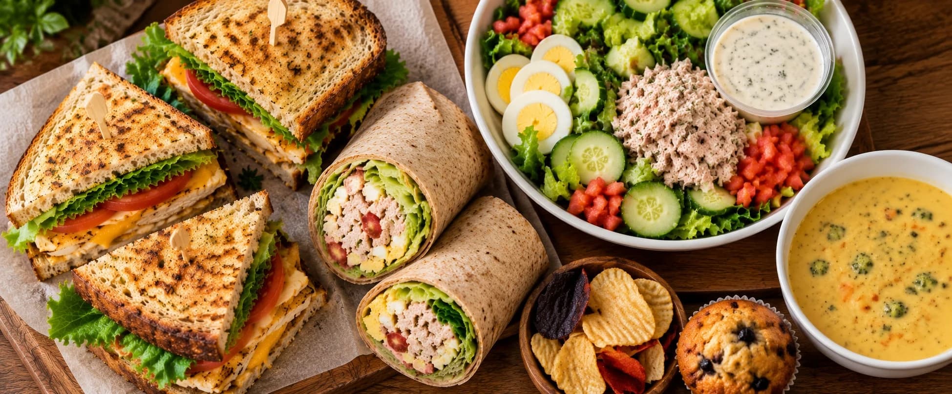 Sandwiches, wraps, salad, and soup for lunch catering